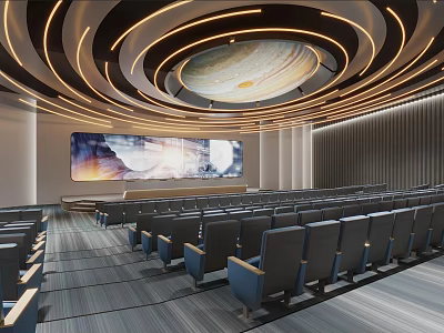 Modern Conference Room Interior Design With Large Screen Rows of Seats And Circular Ceiling Lights 3d model