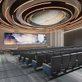 Modern Conference Room Interior Design With Large Screen Rows of Seats And Circular Ceiling Lights
