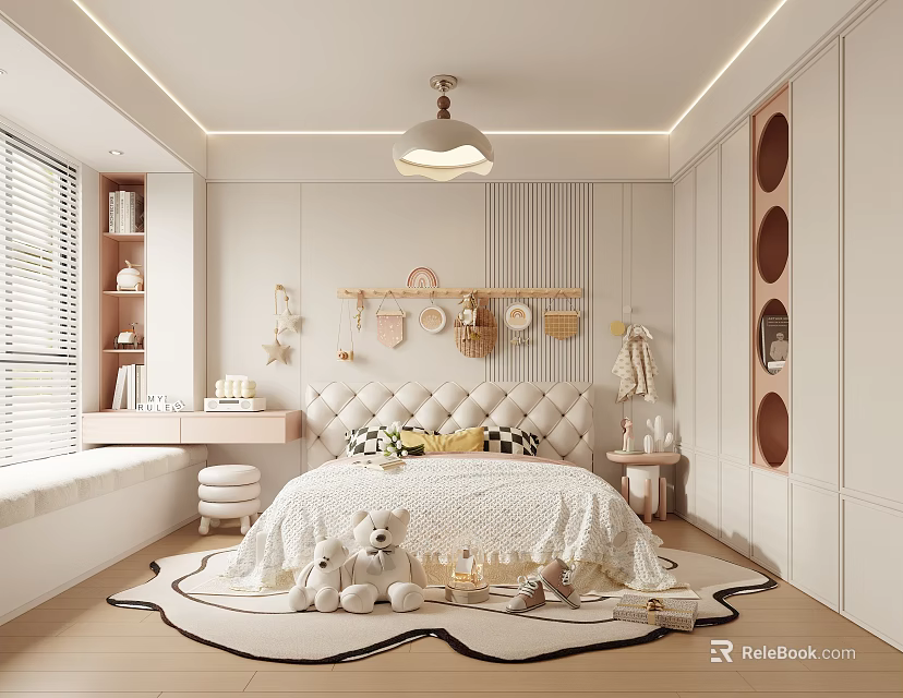 Light Colored Kids Room Interior With Stuffed Toys Bed Decorative Shelf And Blinds 3d model 