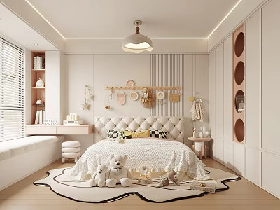 Light Colored Kids Room Interior With Stuffed Toys Bed Decorative Shelf And Blinds 3d model
