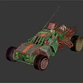 Modified Off Road Car With Large Tires Orange Stripe Exposed Engine And Roof Antenna