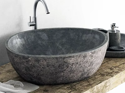 Modern Rustic Natural Stone Washbasin With Silver Faucet On Wooden Countertop 3d model