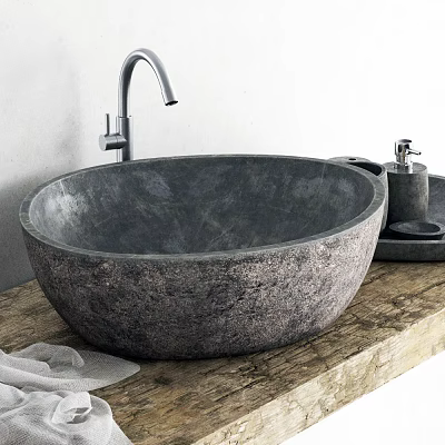 Modern Rustic Natural Stone Washbasin With Silver Faucet On Wooden Countertop 3d model