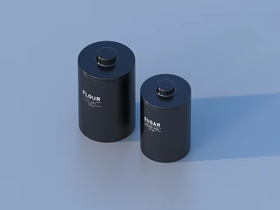 Black Cylindrical Storage Containers With Flour And Sugar Labels For Kitchen Household Use 3d model