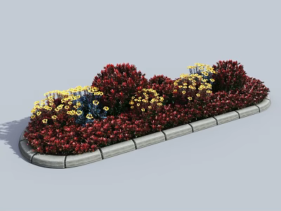 Roadside Road Facilities Elongated Flower Bed With Red Yellow Blue Flowers Stone Brick Edges And Green Landscaping 3d model