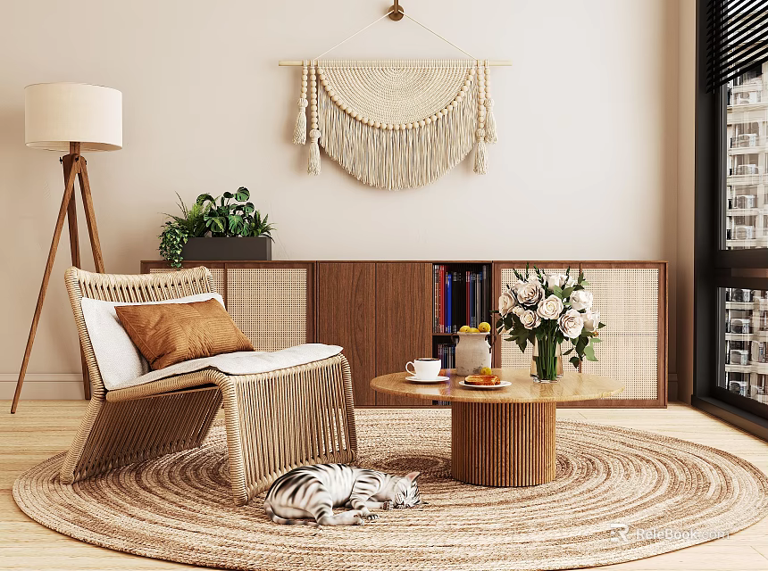 Cozy Living Room Wicker Leisure Chair with Coffee Table Rug Lamp Plant and Macramé Hanging 3d model 