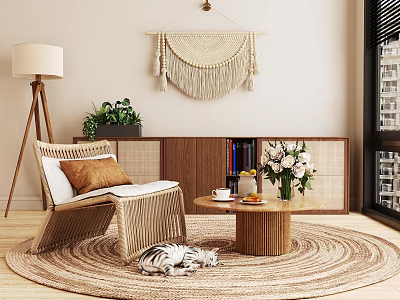 Cozy Living Room Wicker Leisure Chair with Coffee Table Rug Lamp Plant and Macramé Hanging 3d model