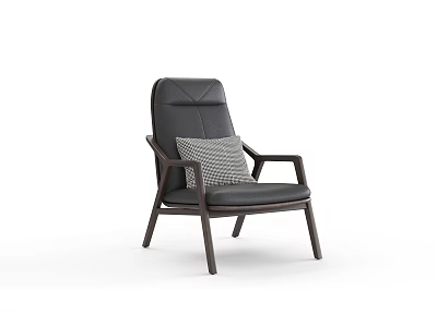 Comfortable Black Leather Leisure Chair With Wooden Frame And Gray Checkered Cushion 3d model