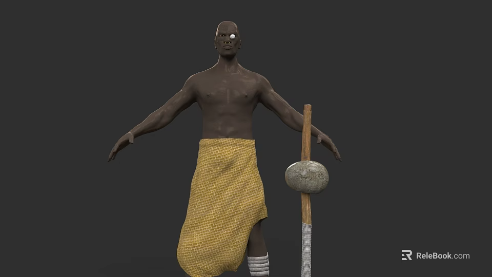 Shirtless Man in Yellow Woven Cloth with White Leg Wraps and Wooden Staff with Stone 3d model 