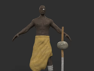 Shirtless Man in Yellow Woven Cloth with White Leg Wraps and Wooden Staff with Stone 3d model