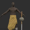 Shirtless Man in Yellow Woven Cloth with White Leg Wraps and Wooden Staff with Stone