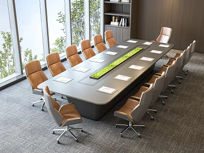 Modern Conference Room Table And Chair Set With Brown Leather Office Chairs Green Decorative Strip 3d model