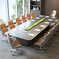 Modern Conference Room Table And Chair Set With Brown Leather Office Chairs Green Decorative Strip