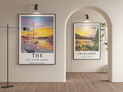 Colorful Landscape Paintings Decorate Minimalist Interior Walls 3d model