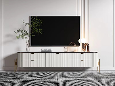 Modern White TV Stand With Gold Legs Green Plant And Decorative Lamps 3d model