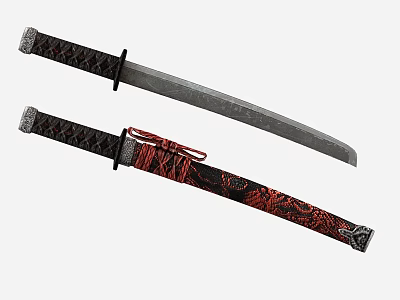 Artistically Carved Traditional Knife With Intricate Handle And Red Patterned Sheath Design 3d model