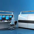 Modern Control Desk Setup With Multiple Blue Monitors And Ergonomic Chair Design 3d model
