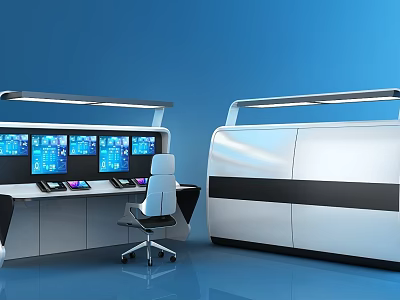 Modern Control Desk Setup With Multiple Blue Monitors And Ergonomic Chair Design 3d model