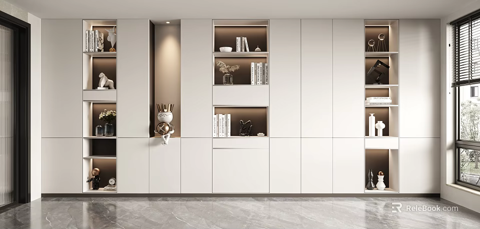 Elegant Modern White Bookcase Design With Multiple Compartments And Decorations And Books 3d model 