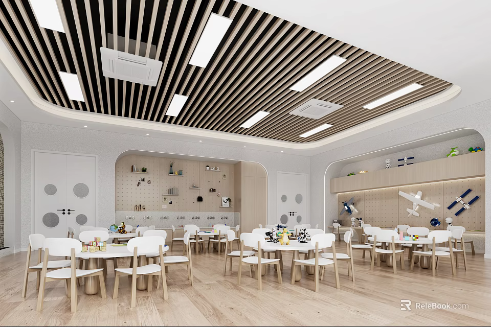 Bright Modern Kindergarten Interior With Tables Chairs Ceiling Design And Decorations 3d model