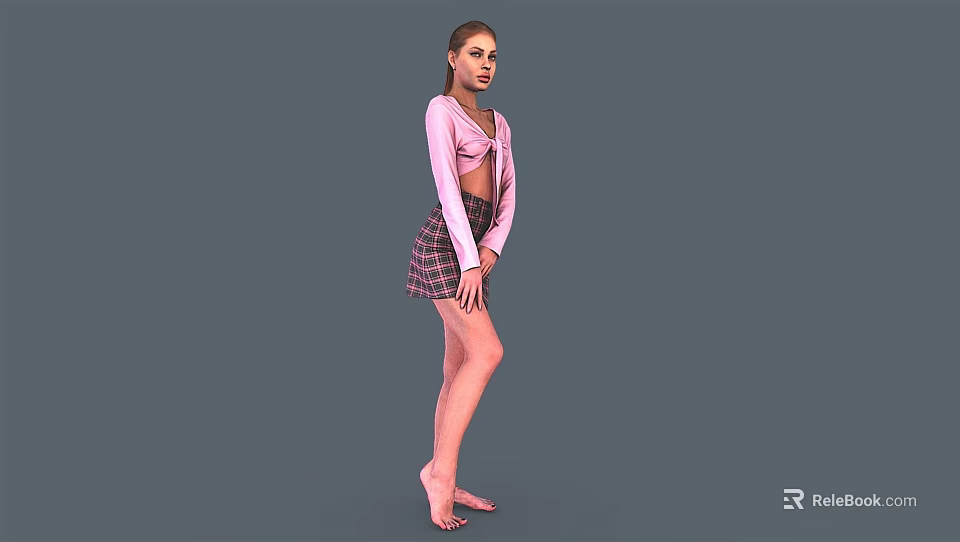 Woman in Pink Long Sleeve Top and Plaid Skirt Standing Barefoot on Gray Background 3d model 