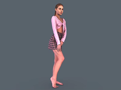 Woman in Pink Long Sleeve Top and Plaid Skirt Standing Barefoot on Gray Background 3d model