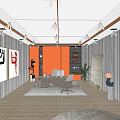 Modern Office Interior With Orange Walls Wooden Striped Panels Art Paintings Desk Chair And Plants