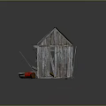 Weathered Wooden Hut with Rusty Metal Roof Surrounded by Tools Wheelbarrow and Wooden Planks