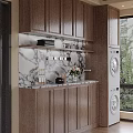 Wooden Sideboard With Marble Countertop Upper Shelf And Decorative Jars Fresh Flowers