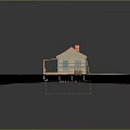 Cartoon Scene Featuring Small House with Red Roof Green Walls Wooden Dock Chimney and Barrels