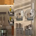Modern Kitchen Wall Mounted Shelves With Kitchenware Knives Pots Cutting Board And Coffee Machine
