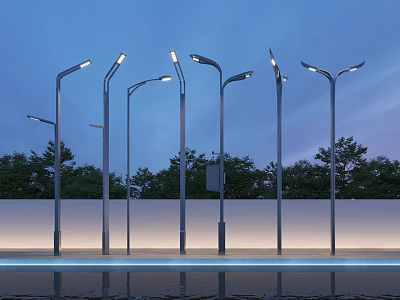 Modern Outdoor Street Lights Illuminating Evening Scene With Trees And Water Reflection 3d model