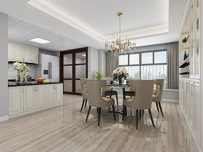 Elegant Modern Dining Room Interior With Chandelier Dining Table Chairs Large Windows And Cabinets 3d model