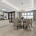 Elegant Modern Dining Room Interior With Chandelier Dining Table Chairs Large Windows And Cabinets