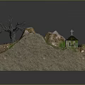 Scenic Miniature Model With Mountain River Bridge House Dead Tree And Grass