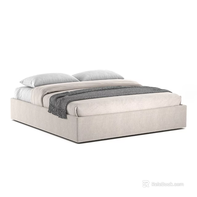Modern Upholstered Double Platform Bed With Beige Fabric Two Pillows And Gray Throw Blanket 3d model 