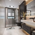 Modern Bathroom Interior With Glass Shower Enclosure Black Toilet And Marble Vanity
