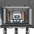 Modern Conference Room Interior With Long Table Chairs Hanging Lights Screen And Wall Painting