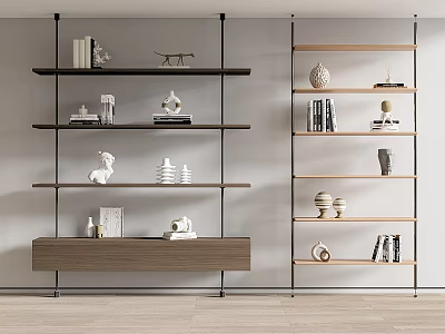 Modern Bookcase With Metal Frame Wooden Layered Shelves Books And Decorative Items 3d model