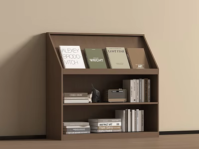 Brown Multi Tiered Bookshelf With Books Decorative Items And Vintage Camera 3d model