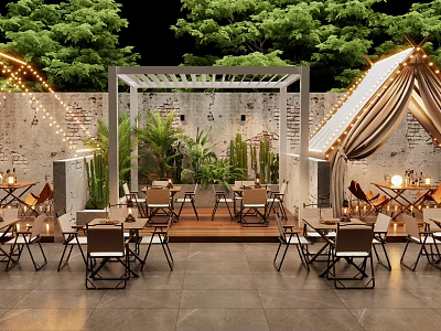 Outdoor Bar Featuring Green Plants Pergola Wooden Deck Tables Chairs And String Lights 3d model