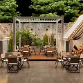 Outdoor Bar Featuring Green Plants Pergola Wooden Deck Tables Chairs And String Lights