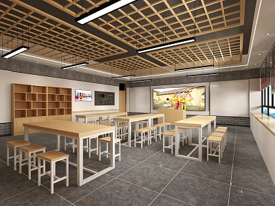 School Student Dining Area With Wooden Grid Ceiling Long Tables Stools And Bookshelves 3d model