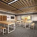 School Student Dining Area With Wooden Grid Ceiling Long Tables Stools And Bookshelves