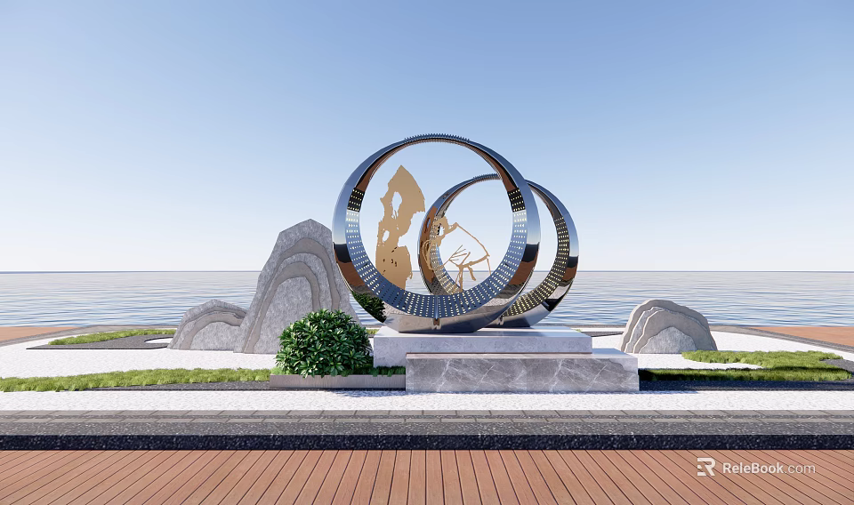 Outdoor Metal Sculpture With Interlaced Circular Rings Coastal Waterfront Rocks And Green Plants 3d model 