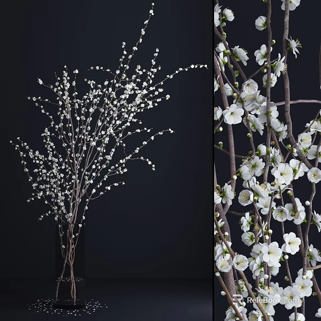 Elegant White Blossom Flower Vase with Branches on Dark Background 3d model 