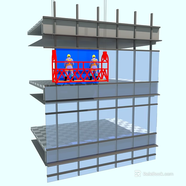 Workers On Red Scaffolding Platform Installing Glass Facade For Multi Storey Building Exterior Wall 3d model