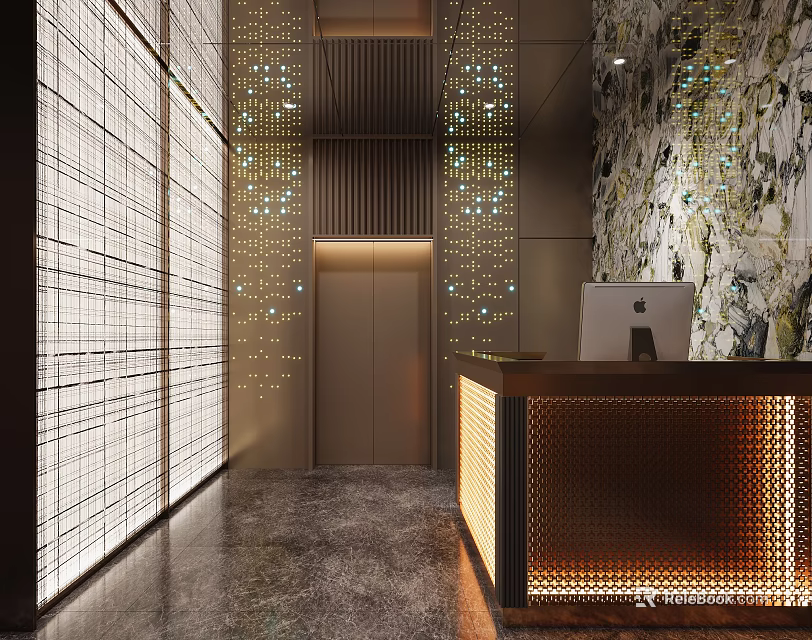 Modern Elegant Elevator Lobby Interior Design With Illuminated Wall Panels And Reception Counter 3d model 