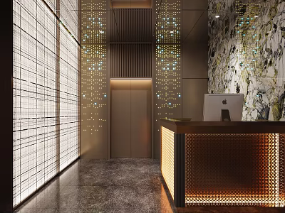 Modern Elegant Elevator Lobby Interior Design With Illuminated Wall Panels And Reception Counter 3d model