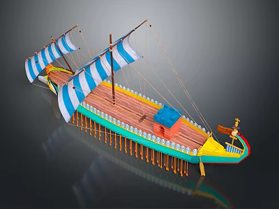 Traditional Sailing Watercraft with Blue White Striped Sails Wooden Deck and Colorful Hull 3d model